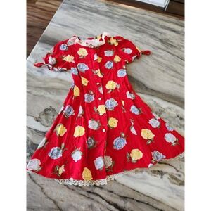 VTG Rose Cottage Floral Dress‎ Button Front Short Sleeve Lace Trim Red Size 4